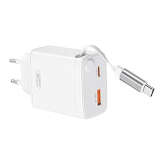 XO 30W Vægoplader 1 x USB-C 1 x USB-A med Udtrækkeligt USB-C Kabel - Hvid