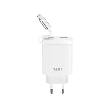 XO 30W Vægoplader 1 x USB-C 1 x USB-A med Udtrækkeligt USB-C Kabel - Hvid