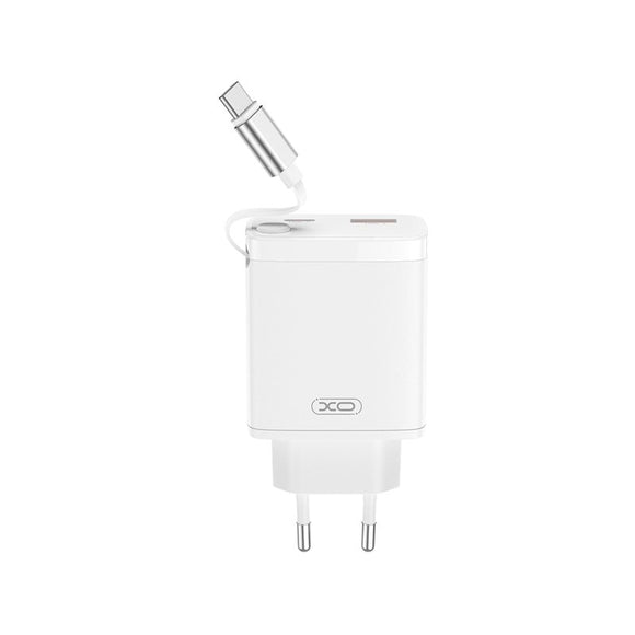 XO 30W Vægoplader 1 x USB-C 1 x USB-A med Udtrækkeligt USB-C Kabel - Hvid