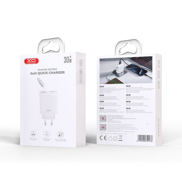 XO 30W Vægoplader 1 x USB-C 1 x USB-A med Udtrækkeligt USB-C Kabel - Hvid
