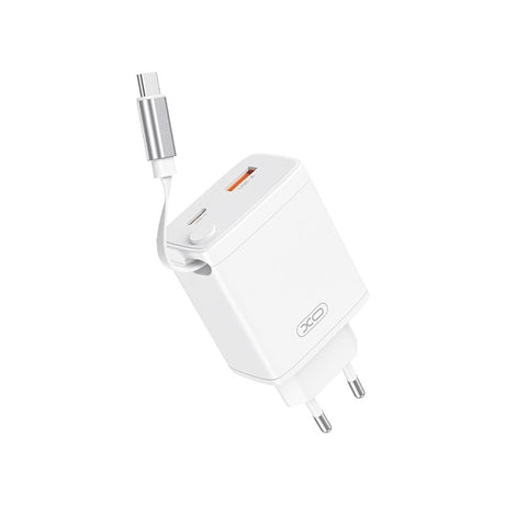 XO 30W Vægoplader 1 x USB-C 1 x USB-A med Udtrækkeligt USB-C Kabel - Hvid