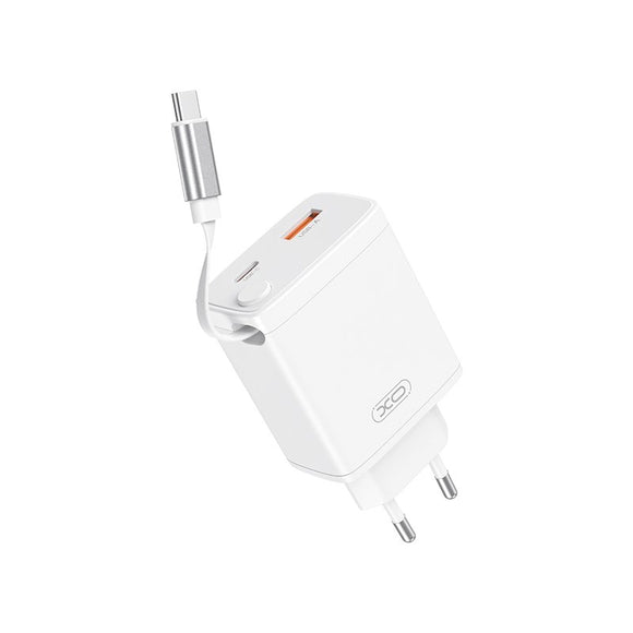 XO 30W Vægoplader 1 x USB-C 1 x USB-A med Udtrækkeligt USB-C Kabel - Hvid