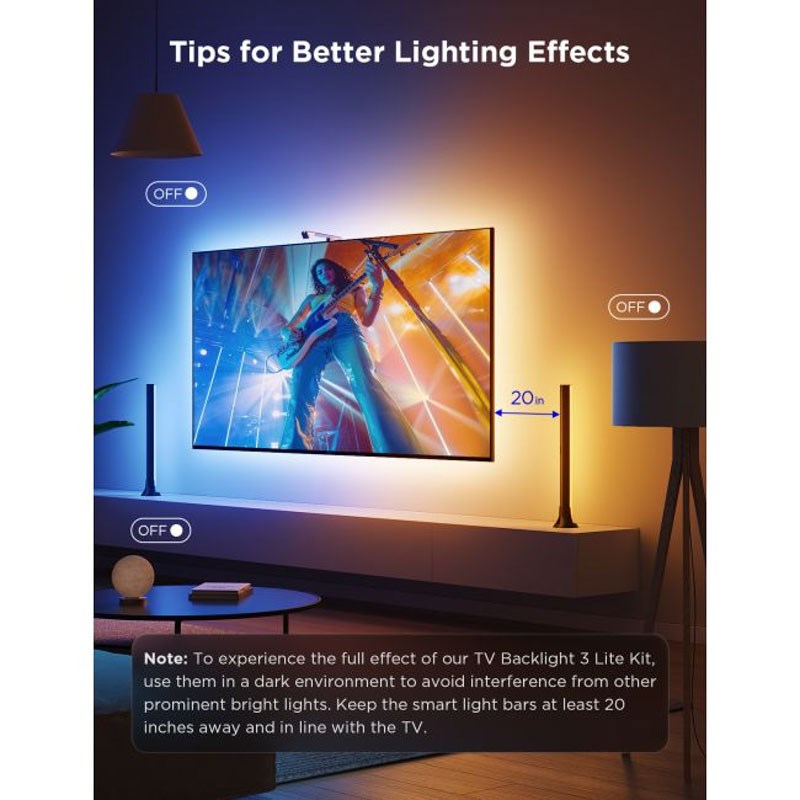 Govee TV BackLight 3 Lite Kit m. Strip Light og Light Bars - 55 - 65" - Sort