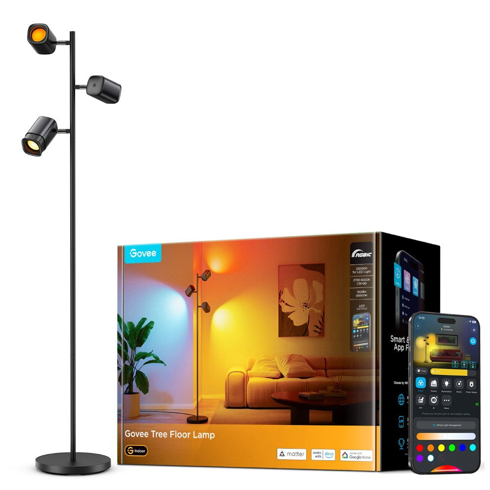 Govee Tree Floor Lamp m. 3 Spots - Sort