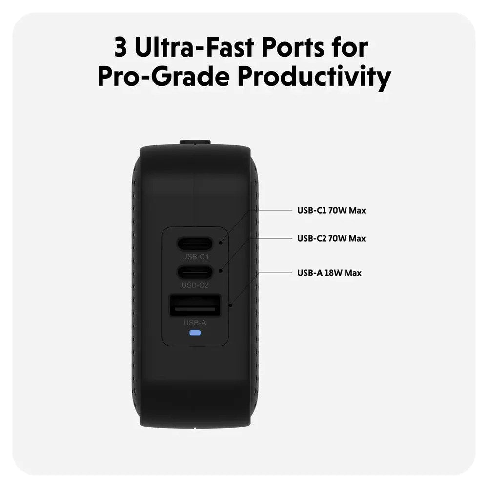 Targus HyperJuice 70W Rejseoplader m. 1x USB-A & 2x USB-C - inkl. 4x Adapterstik - Sort