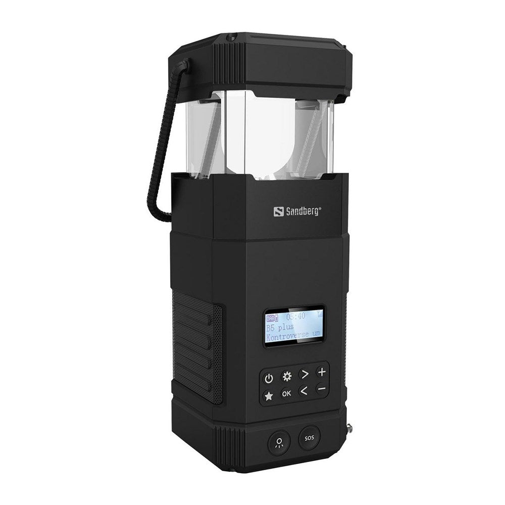 Sandberg Survivor Lantern Powerbank 10.000 mAh m. Solcelle Opladning, Lygte og Radio - USB-A - Sort