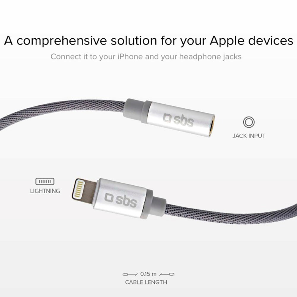SBS Lightning til 3.5mm Jackstick Adapter 15cm - Grå