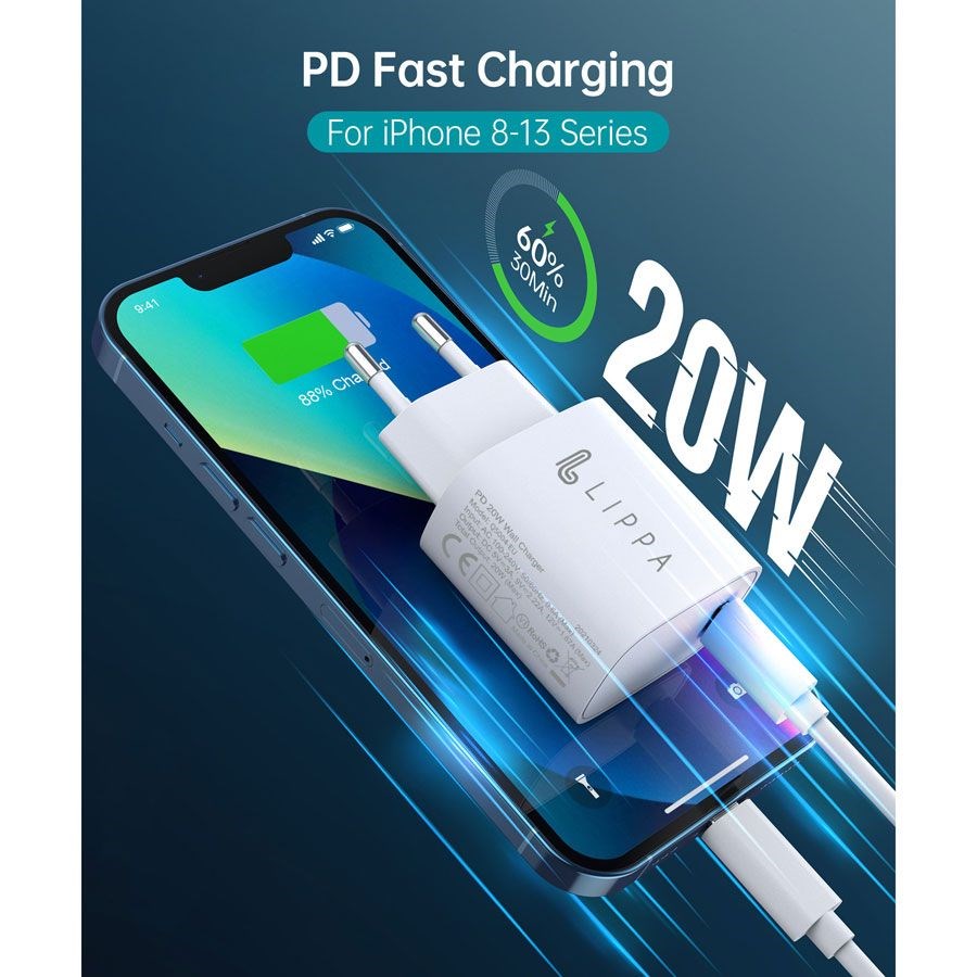 Lippa 20W Vægoplader m. USB-C PD - Hvid