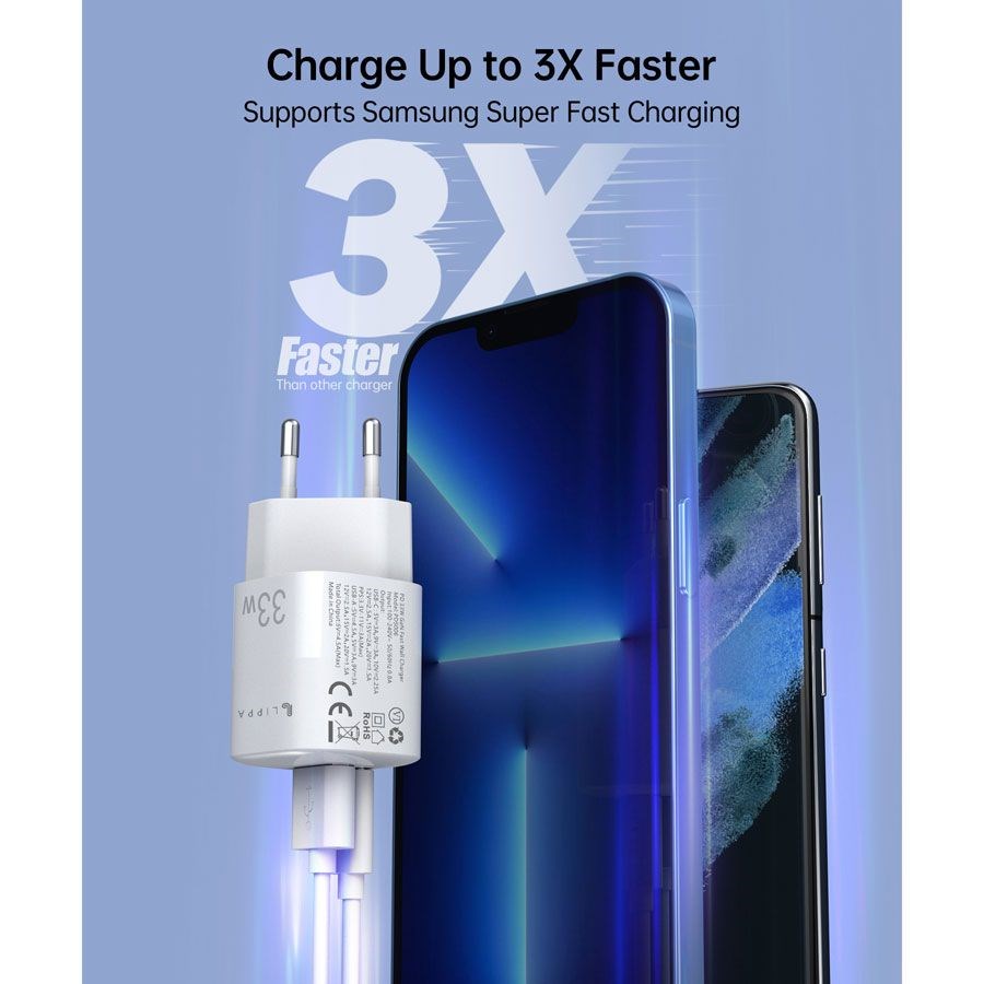 Lippa 33W GaN Vægoplader m. USB-C PD & USB-A QC - Hvid
