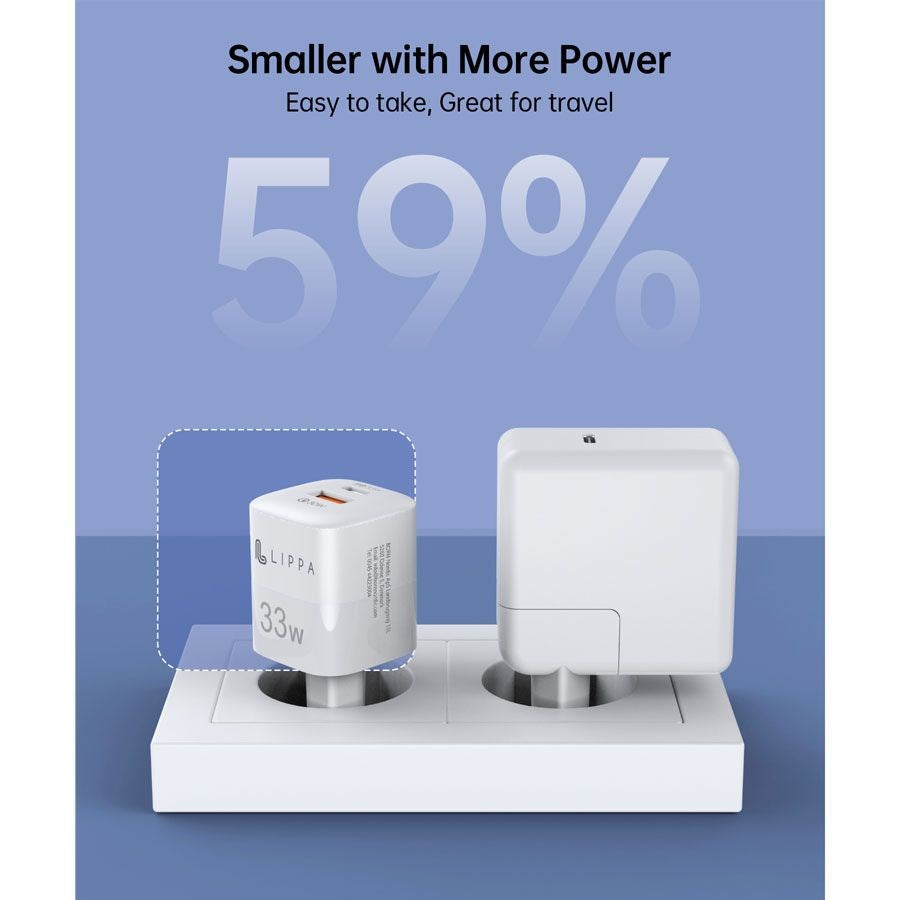 Lippa 33W GaN Vægoplader m. USB-C PD & USB-A QC - Hvid