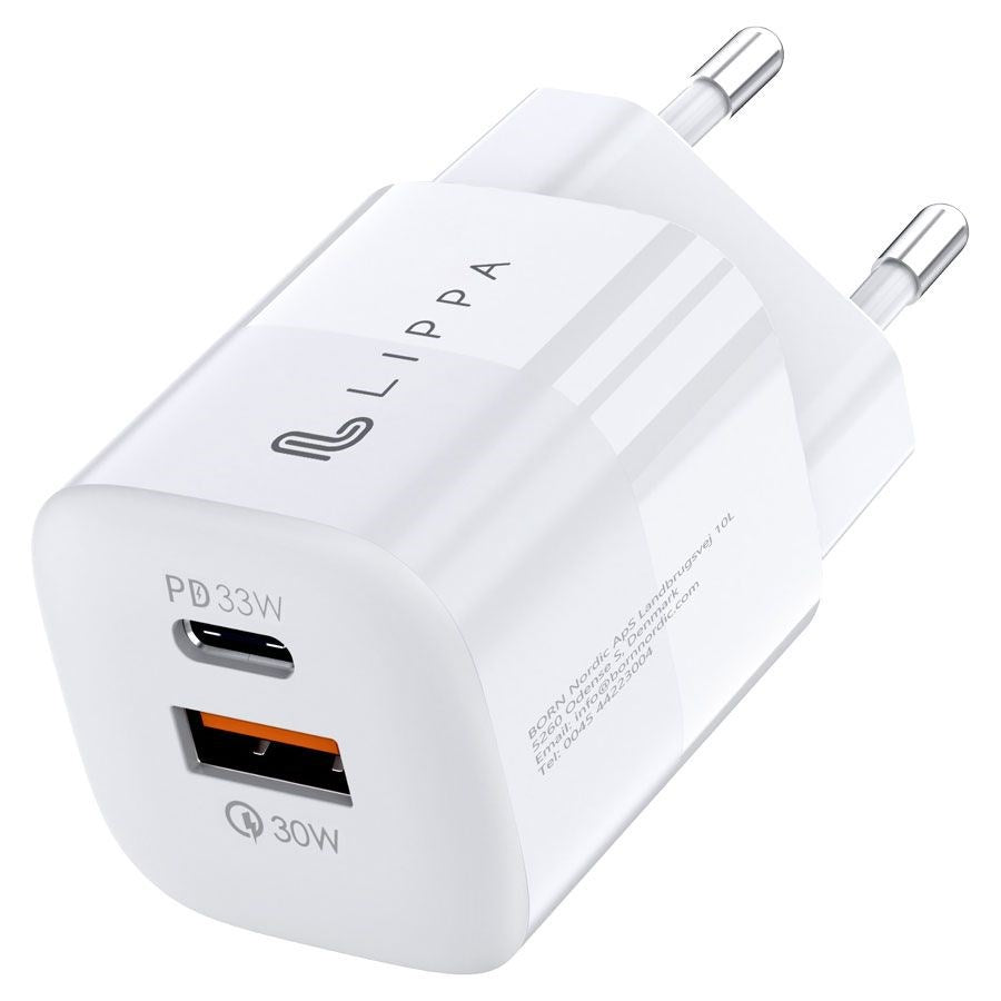 Lippa 33W GaN Vægoplader m. USB-C PD & USB-A QC - Hvid