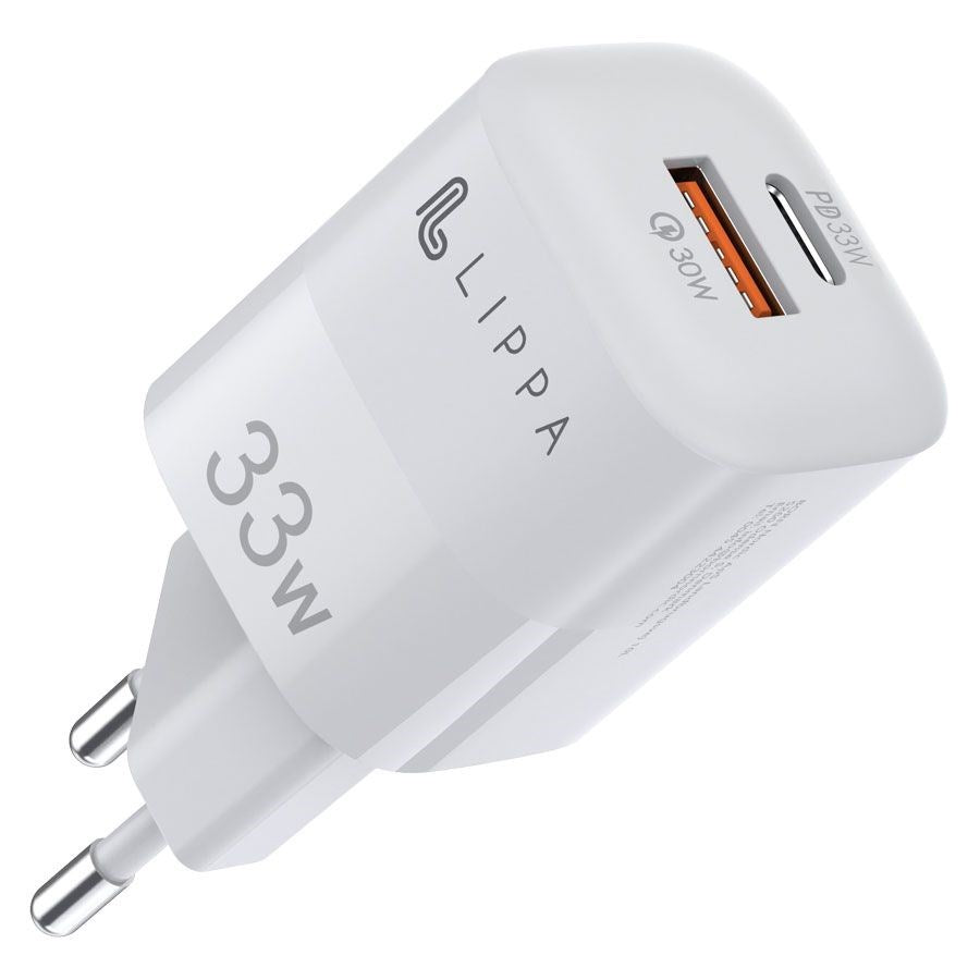 Lippa 33W GaN Vægoplader m. USB-C PD & USB-A QC - Hvid