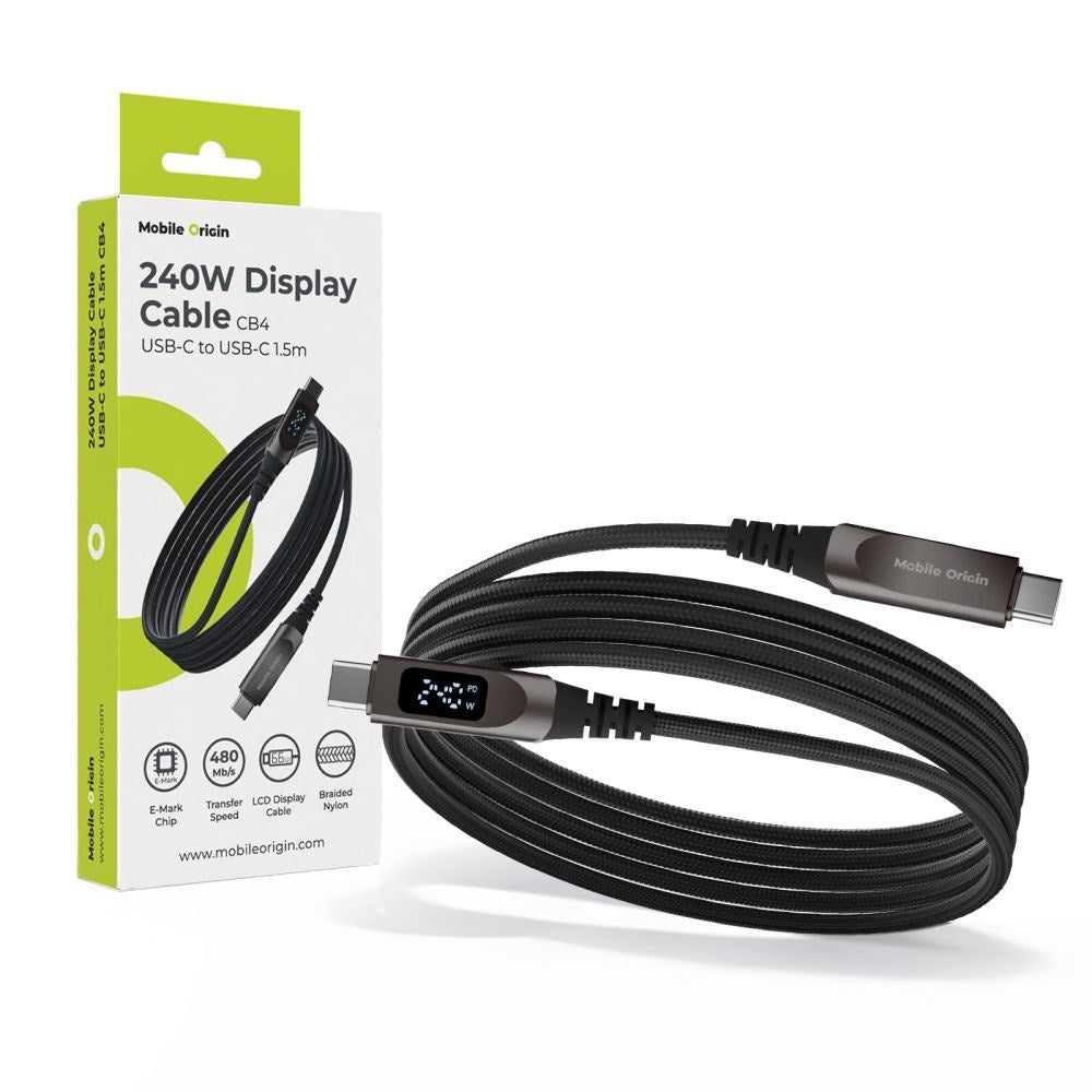 Mobile Origin 240W USB-C til USB-C Kabel m. Display - 1.5m - Sort
