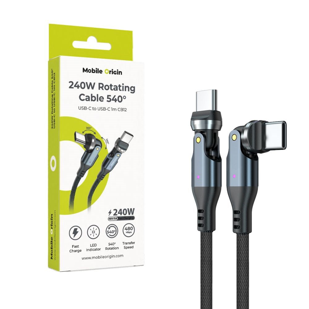 Mobile Origin 240W USB-C til USB-C Kabel m. 540° Roterende Led - 1m - Grå
