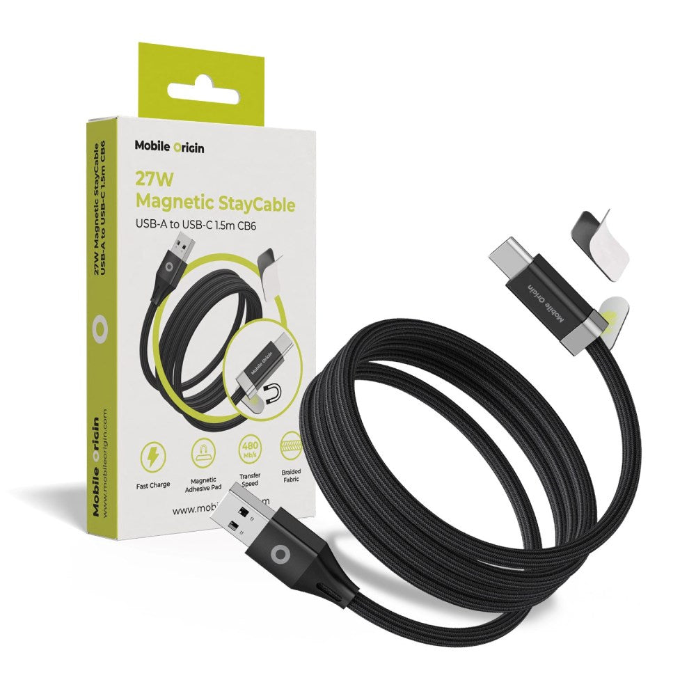 Magnetisk USB-C til USB-A Kabel Mobile Origin 27W m. 2x Selvklæbende Magnetiske Puder - 1,5m - Sort