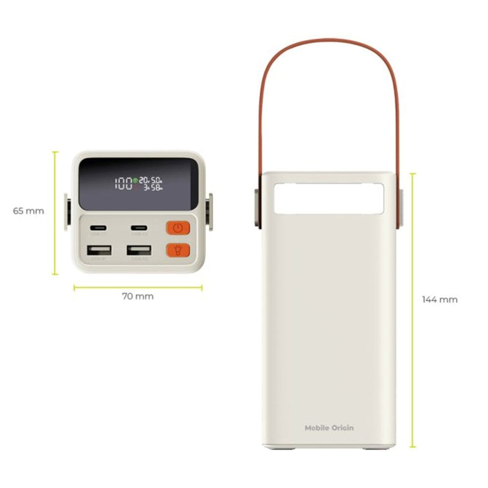 Mobile Origin 50.000mAh Udendørs Powerbank m. 65W - 2 x USB-C - 2 x USB-A - Lommelygte - Håndtag - Hvid