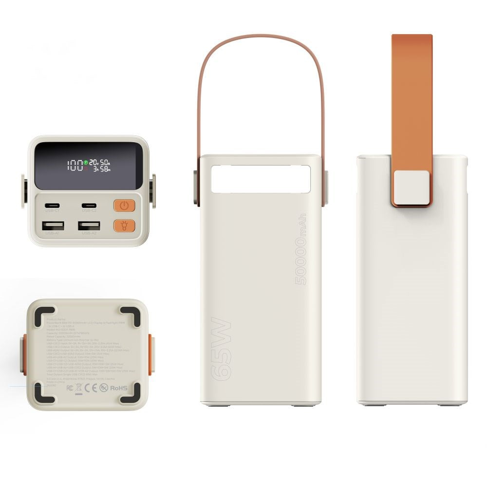 Mobile Origin 50.000mAh Udendørs Powerbank m. 65W - 2 x USB-C - 2 x USB-A - Lommelygte - Håndtag - Hvid