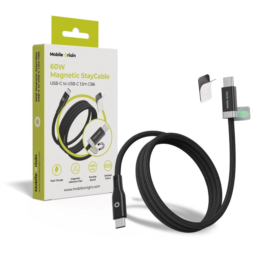 Magnetisk USB-C til USB-C Kabel Mobile Origin 60W m. 2x Selvklæbende Magnetiske Puder - 1,5m - Sort
