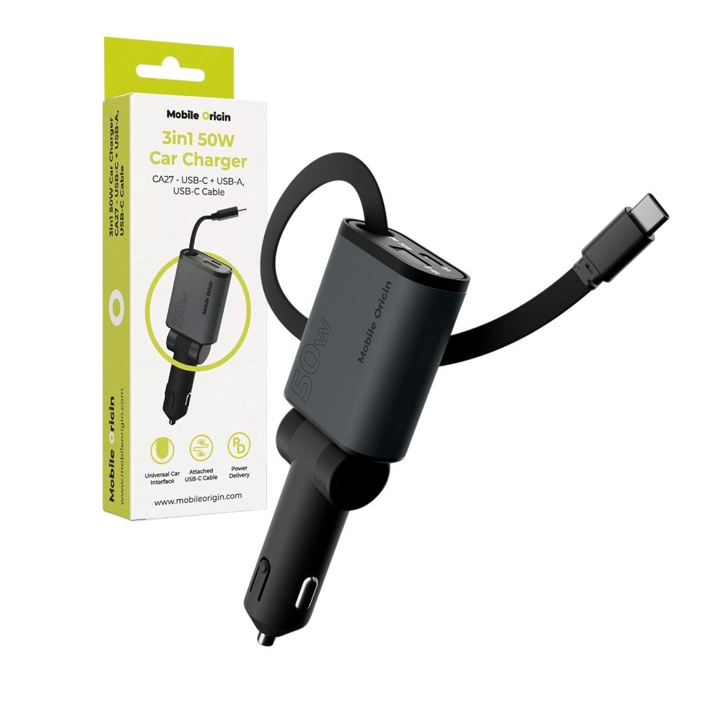 3-i-1 Biloplader 50W Mobile Origin m. USB-C + USB-A og Udtrækkeligt USB-C kabel - Grå
