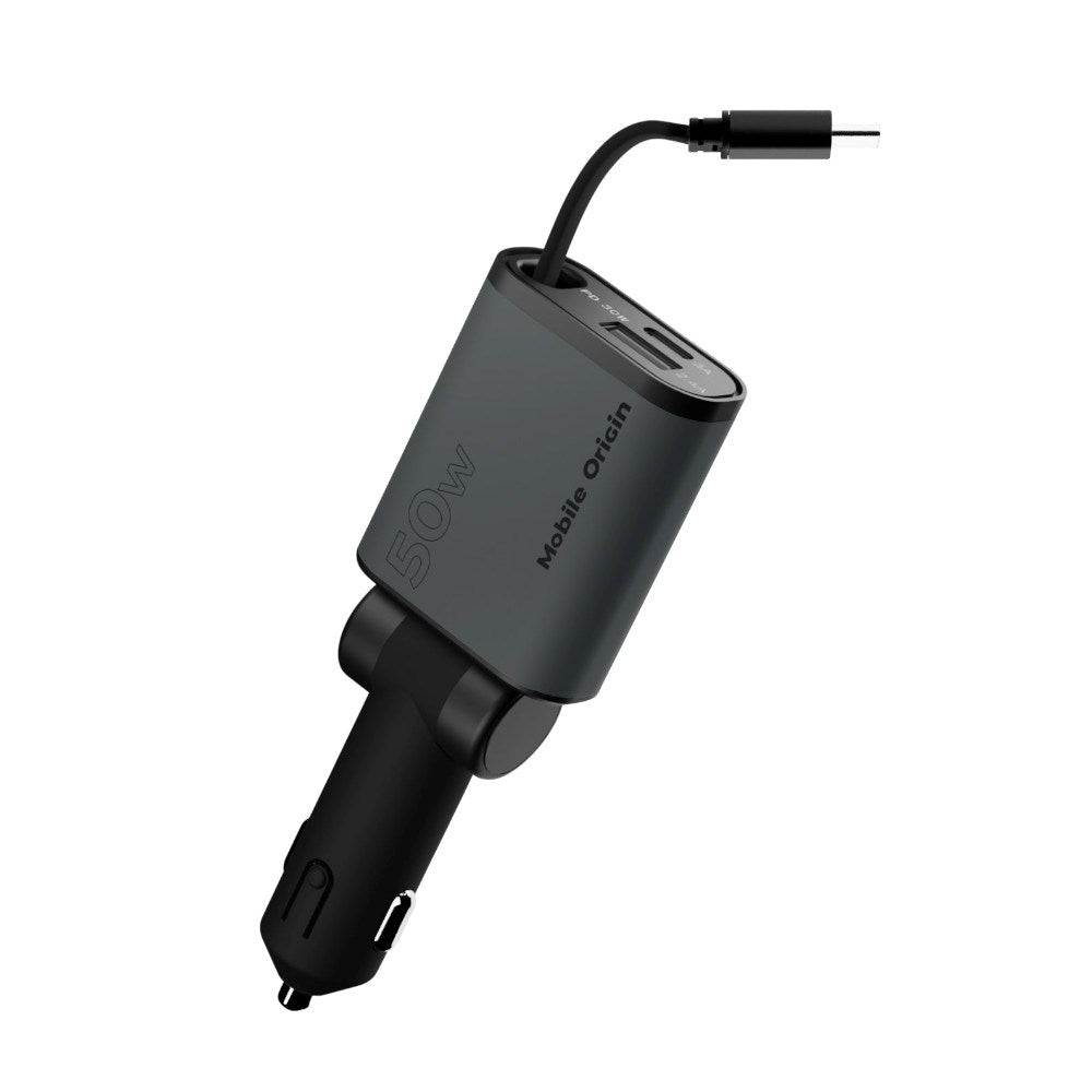 3-i-1 Biloplader 50W Mobile Origin m. USB-C + USB-A og Udtrækkeligt USB-C kabel - Grå