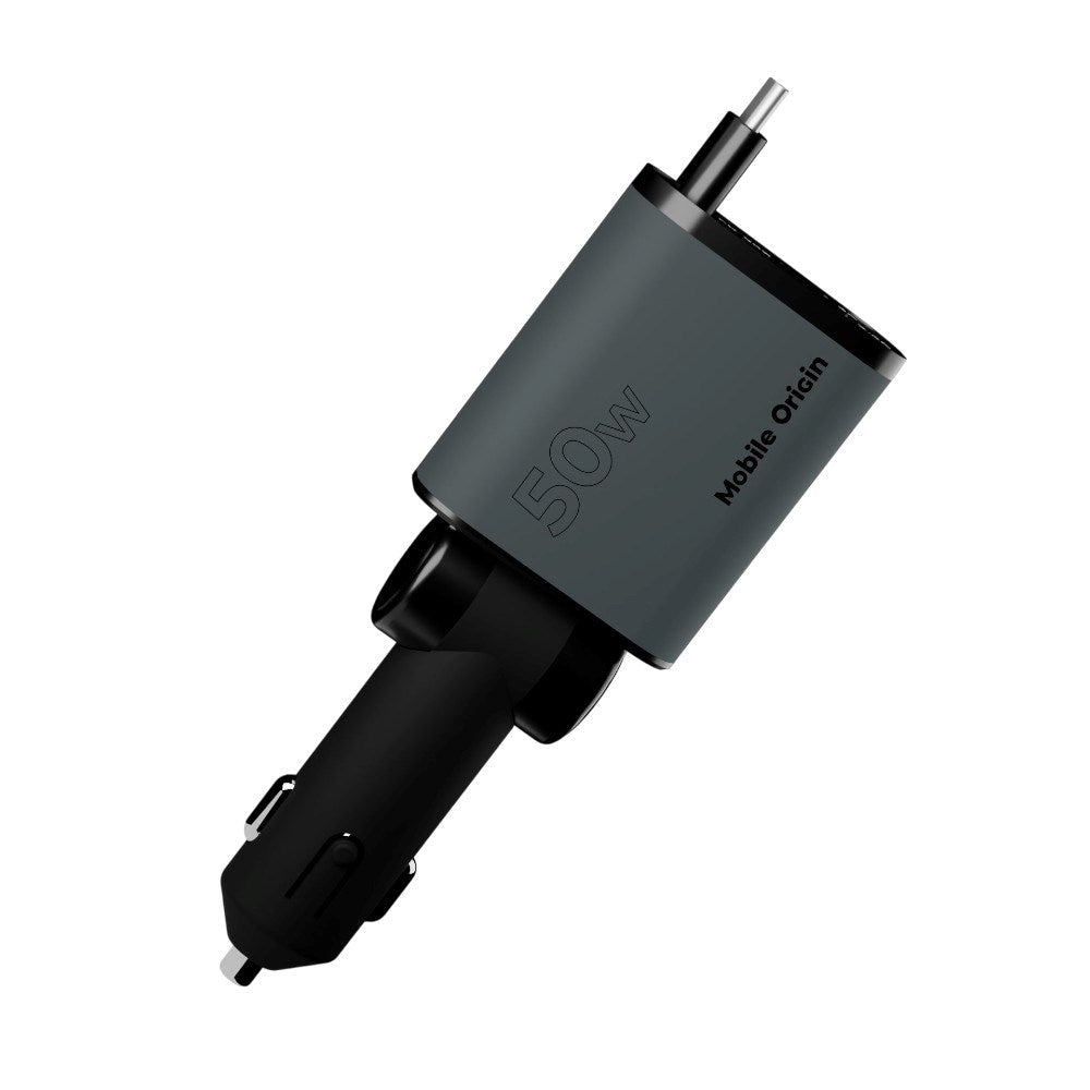 3-i-1 Biloplader 50W Mobile Origin m. USB-C + USB-A og Udtrækkeligt USB-C kabel - Grå