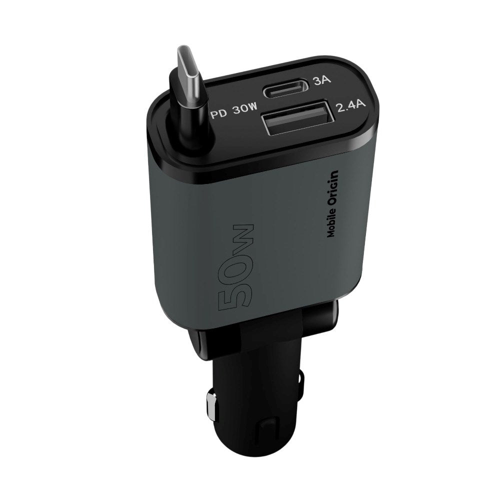 3-i-1 Biloplader 50W Mobile Origin m. USB-C + USB-A og Udtrækkeligt USB-C kabel - Grå