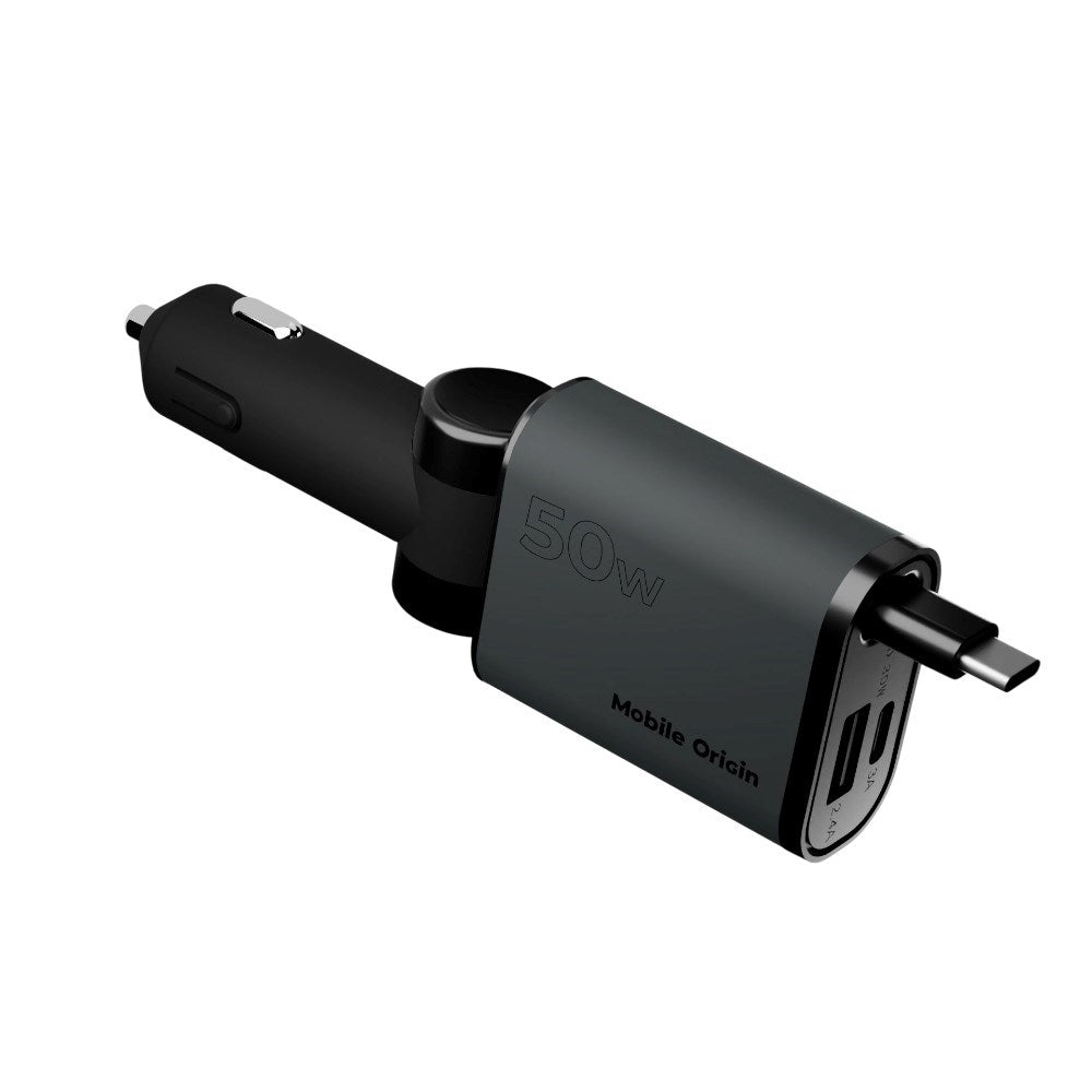 3-i-1 Biloplader 50W Mobile Origin m. USB-C + USB-A og Udtrækkeligt USB-C kabel - Grå