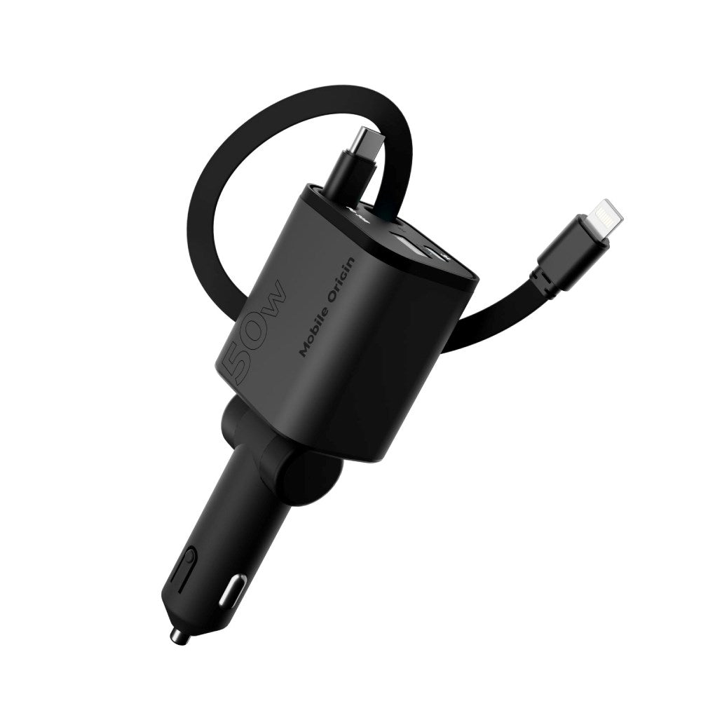 4-i-1 Biloplader Mobile Origin 50W m. USB-C + USB-A Port og Udtrækkelig USB-C and Lightning Kabel - Grå
