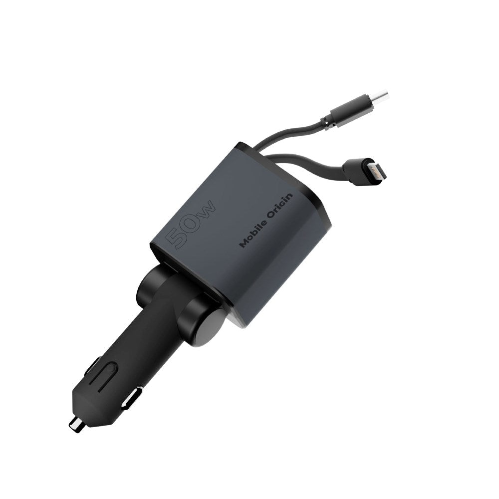 4-i-1 Biloplader Mobile Origin 50W m. USB-C + USB-A Port og Udtrækkelig USB-C and Lightning Kabel - Grå