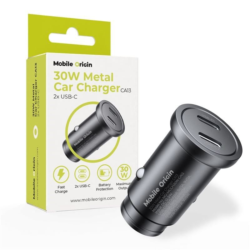 Biloplader Mobile Origin 30W m.  2x USB-C - Sort