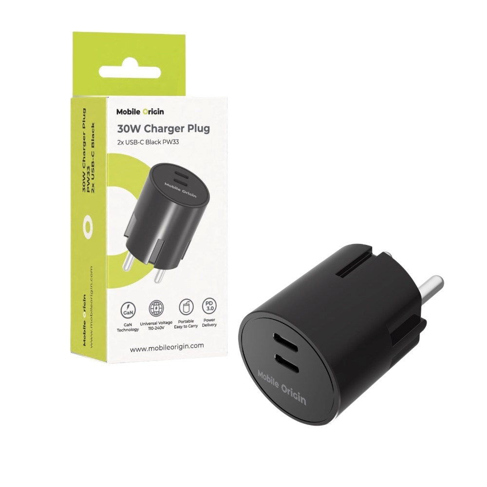 Vægoplader 30W Mobile Origin Hurtig Oplader 2 x USB-C - Sort