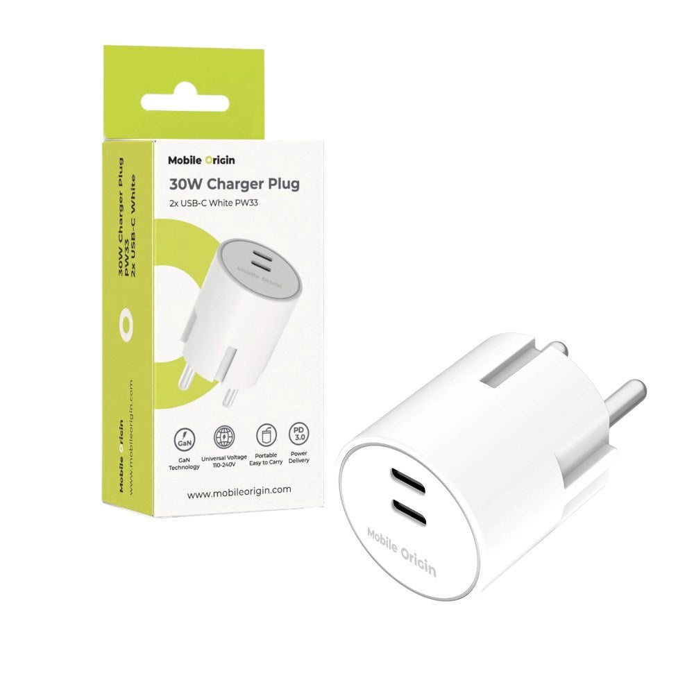 Vægoplader 30W Mobile Origin Hurtig Oplader 2 x USB-C - Hvid
