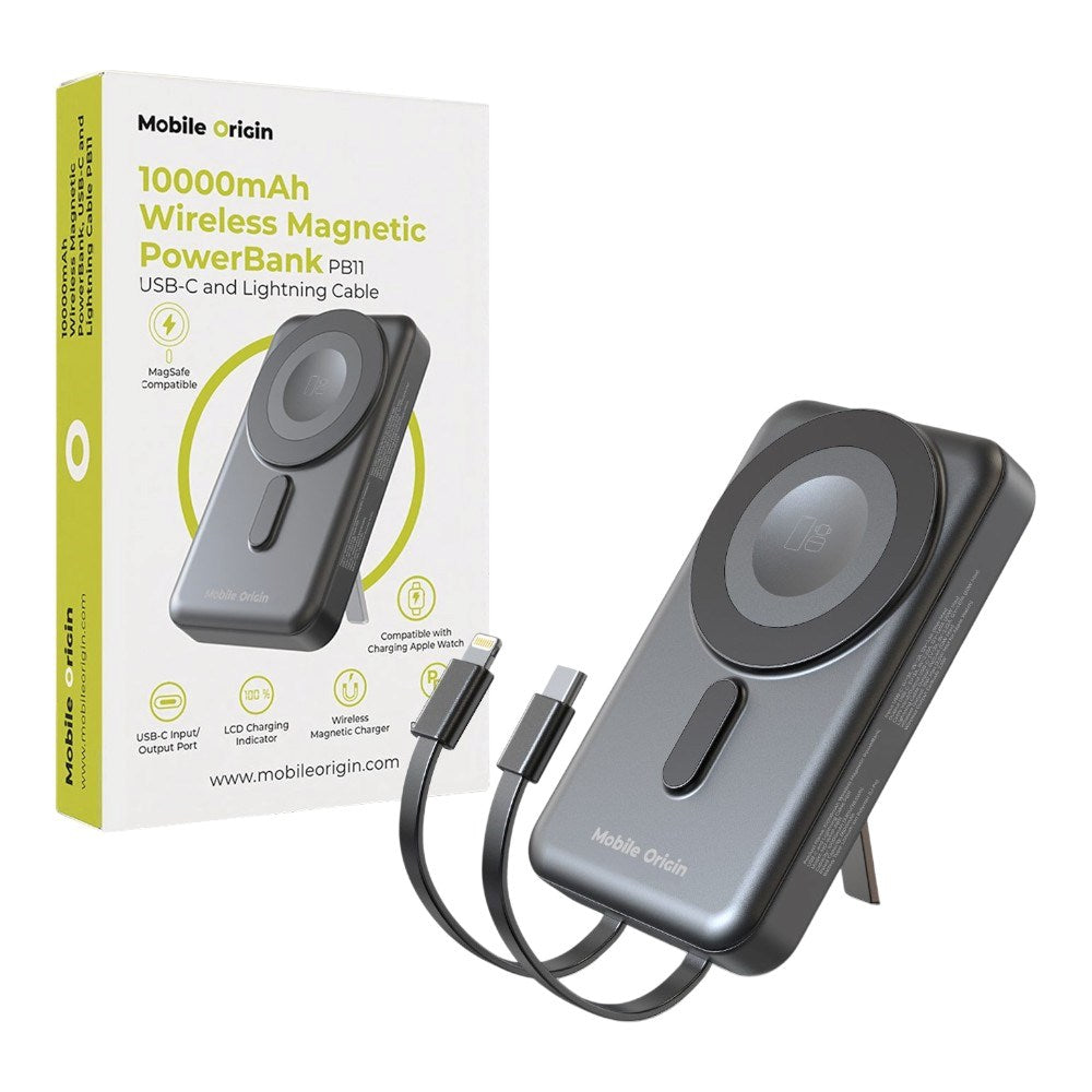 Magnetisk Powerbank 10000mAh Mobile Origin - USB-C og Lightning Kabel - Grå