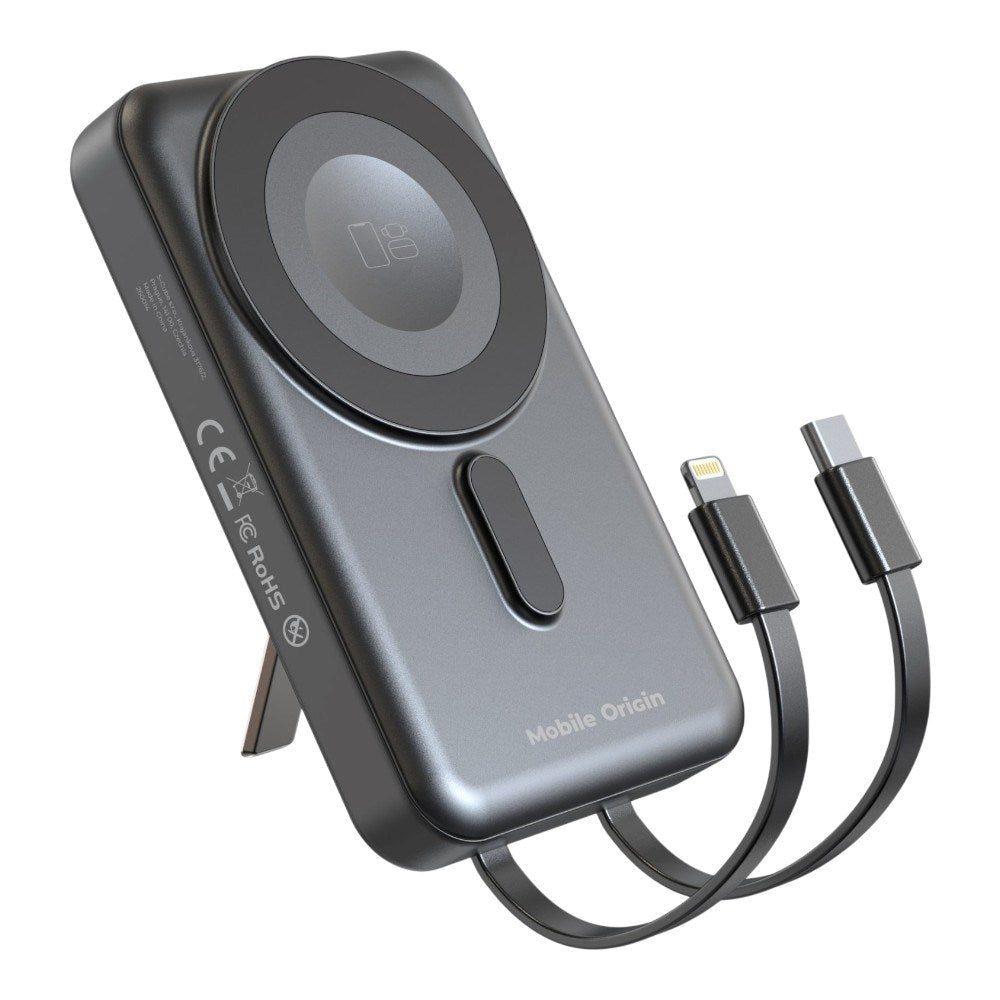 Magnetisk Powerbank 10000mAh Mobile Origin - USB-C og Lightning Kabel - Grå