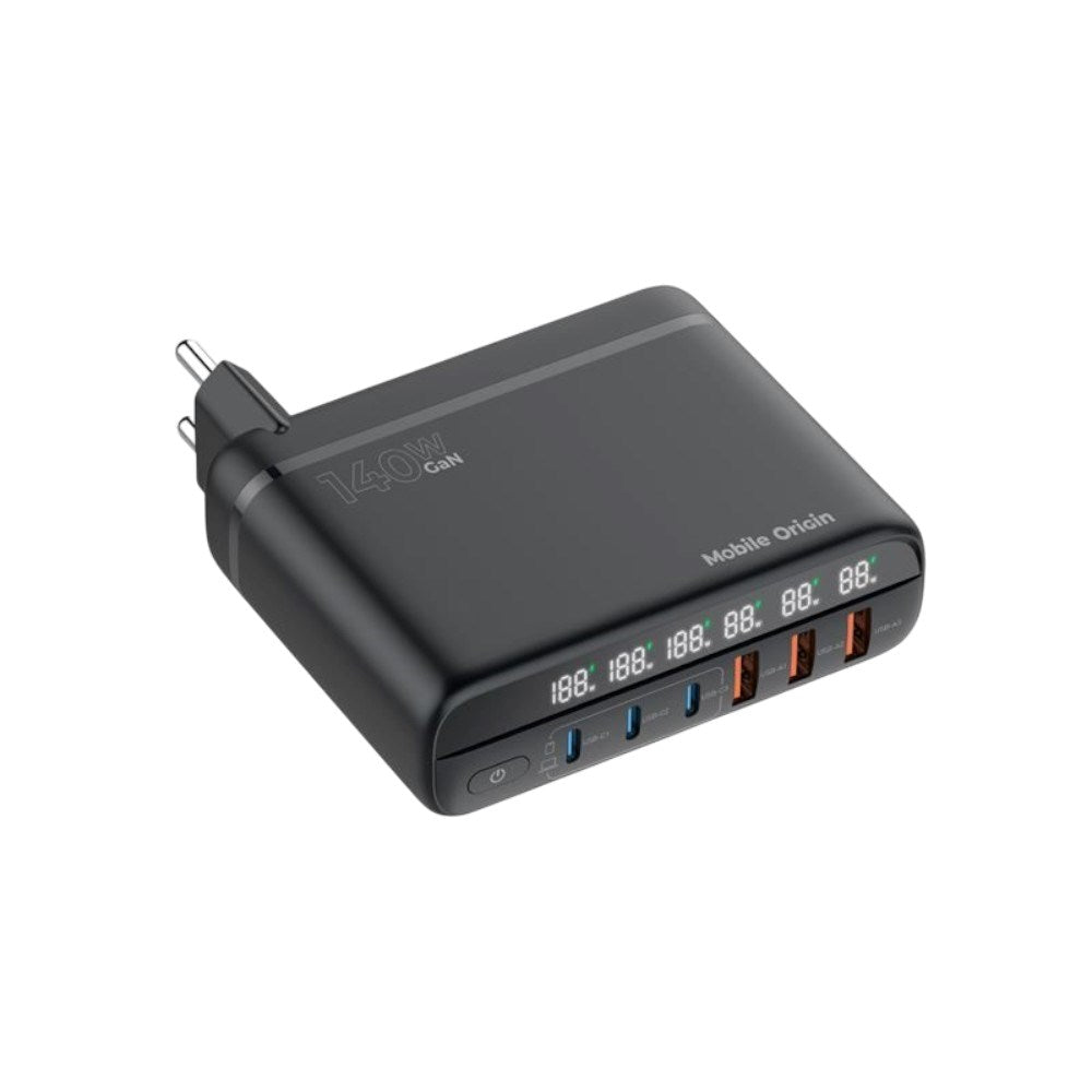 6-i-1 Rejseadapter Til EU/UK/USA Mobile Origin - 3x USB-C + 3x USB-A - Sort