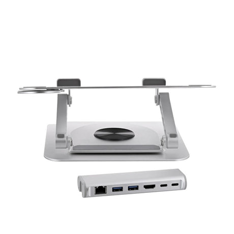 T'NB Roterbar Laptop Stander m. MagSafe Holder til Telefon & Aftagelig 6-in-1 Hub - Sølv