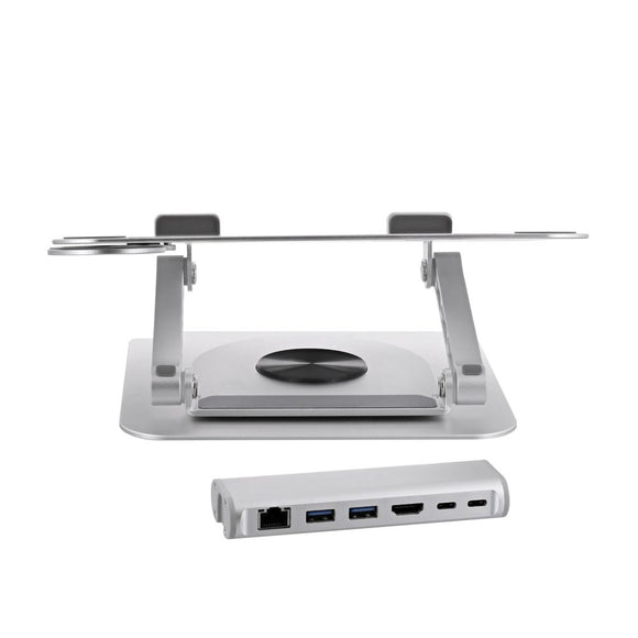 T'NB Roterbar Laptop Stander m. MagSafe Holder til Telefon & Aftagelig 6-in-1 Hub - Sølv
