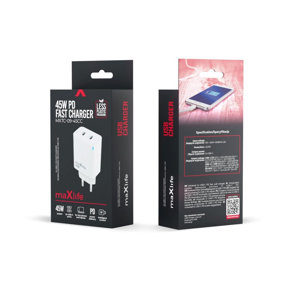 Maxlife 45W Vægoplader m. 2 x USB-C - Hvid