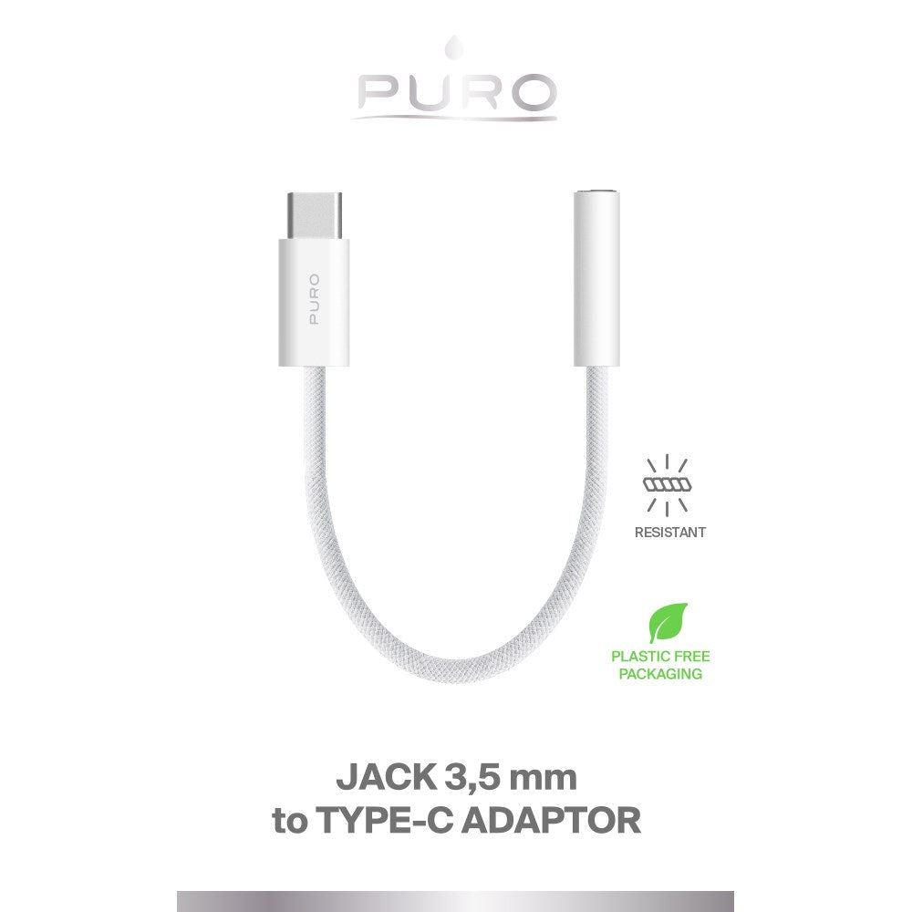 Puro Flettet Adapter USB-C til 3,5 mm Jack - 15 cm - Hvid