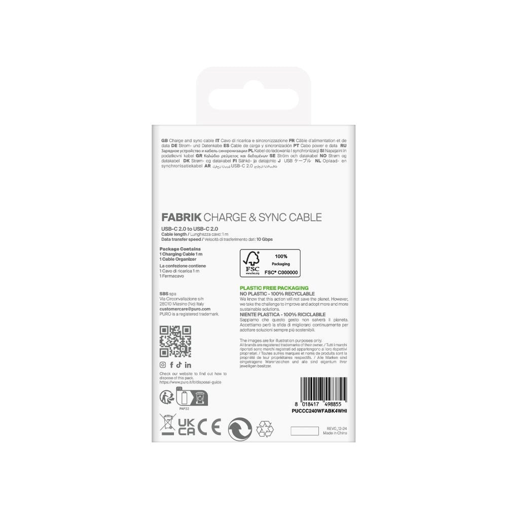 Puro Fabrik USB-C til USB-C 240W & 10Gbps Kabel - 1m - Hvid