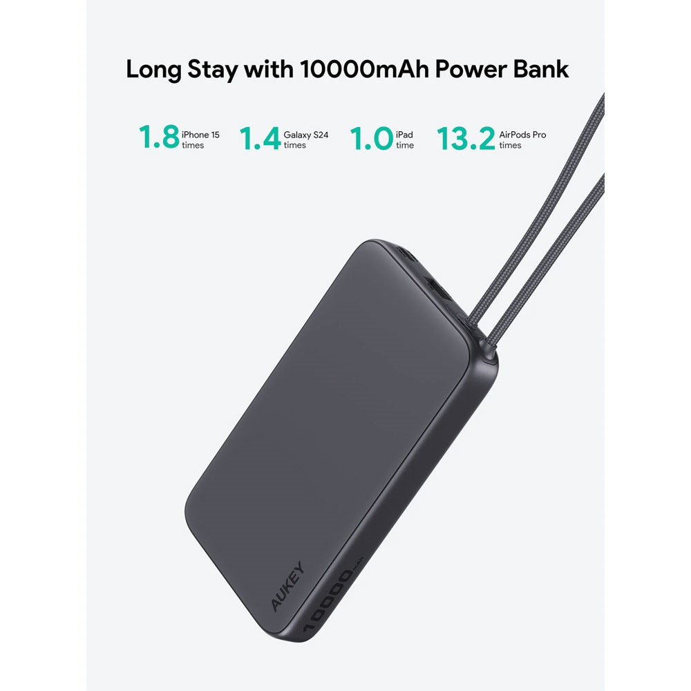 Aukey Spark Sling Powerbank m. Indbygget USB-C Kabel - 10.000mAh - 20W - 1 x USB-C - 1 x USB-A - Grå