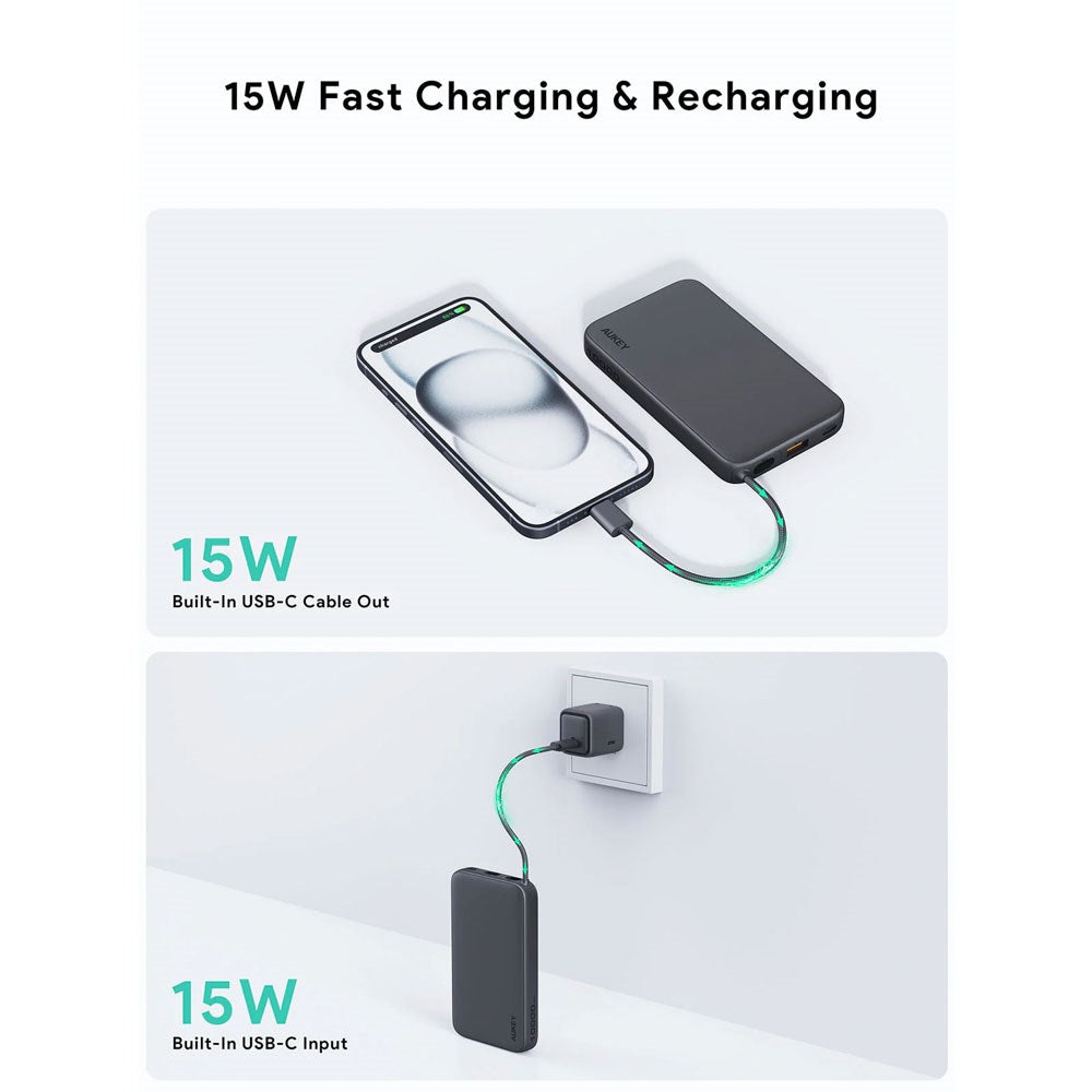 Aukey Spark Sling Powerbank m. Indbygget USB-C Kabel - 10.000mAh - 20W - 1 x USB-C - 1 x USB-A - Grå