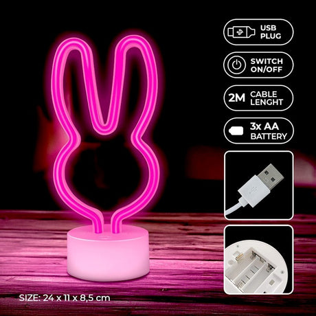 Forever Light LED Neon Dekoration m. Fod - Lyserødt Lys m. Kanin