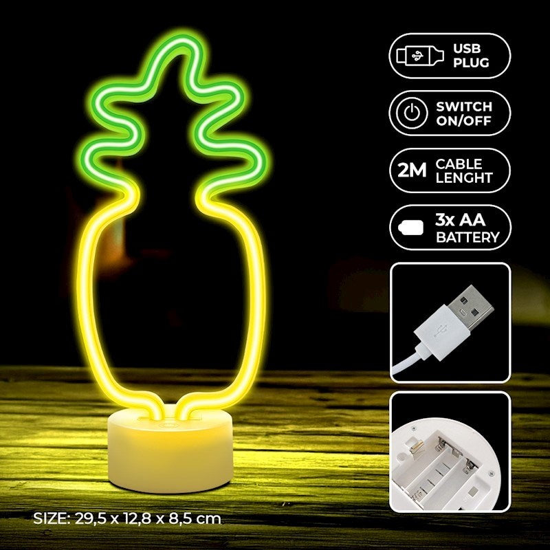 Forever Light LED Neon Dekoration m. Fod - Gult / Grønt Lys m. Ananas