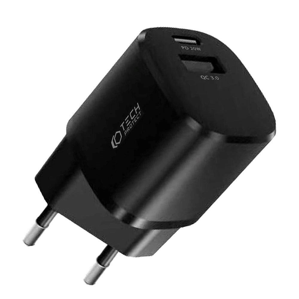Tech-Protect 20W Vægoplader m. 1 x USB-C PD & 1 x USB-A QC - Sort