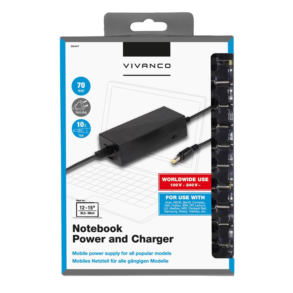Vivanco Laptop Oplader 70W m. 10 x Adaptere - Sort