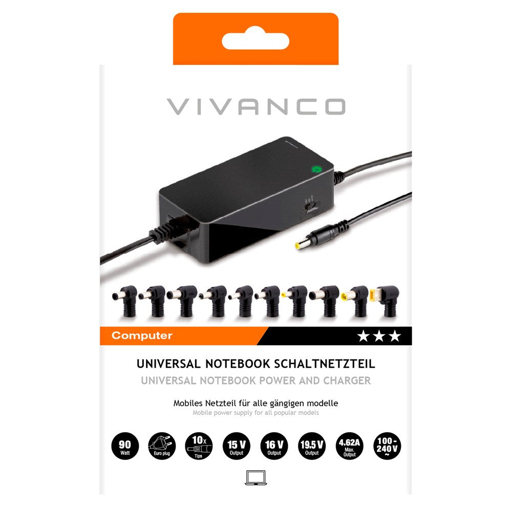 Vivanco Laptop Oplader 90W m. 10 x Adaptere - Sort