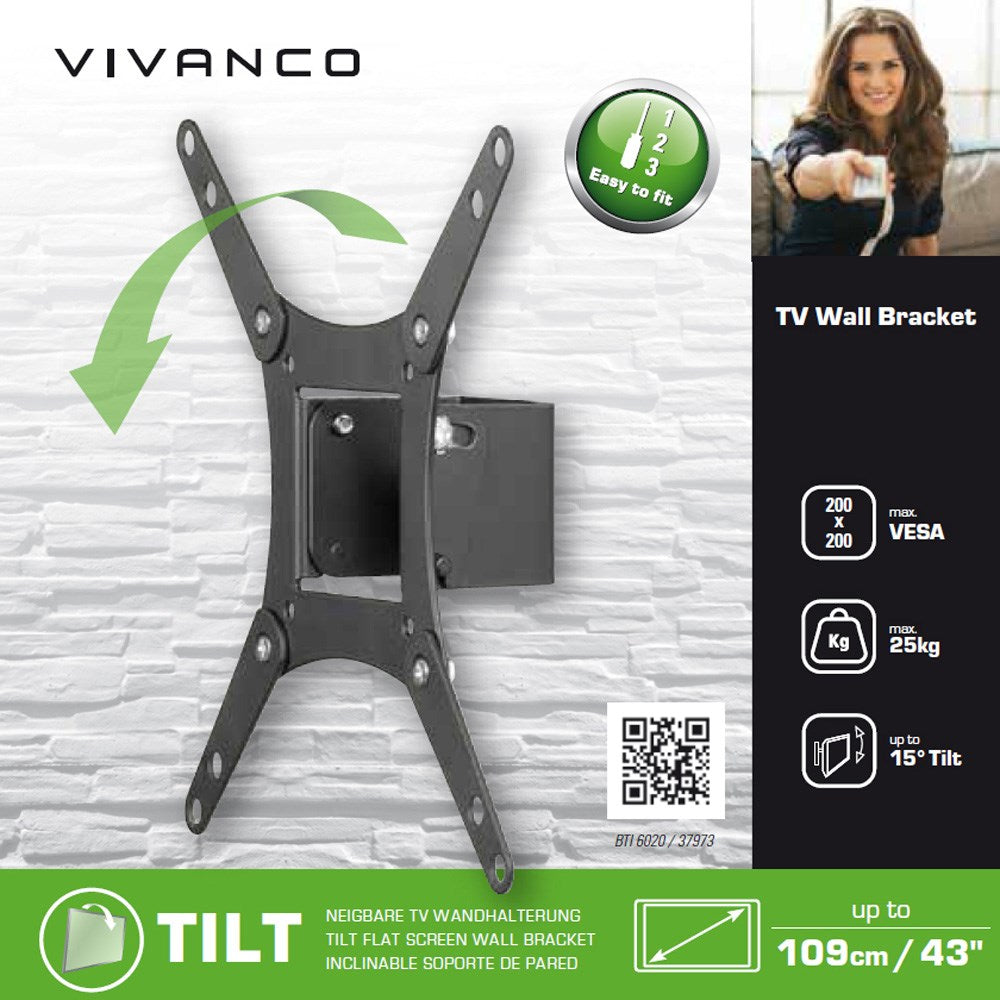 Vivanco TV Vægbeslag - Vippefunktion - 25kg / 43" - Sort