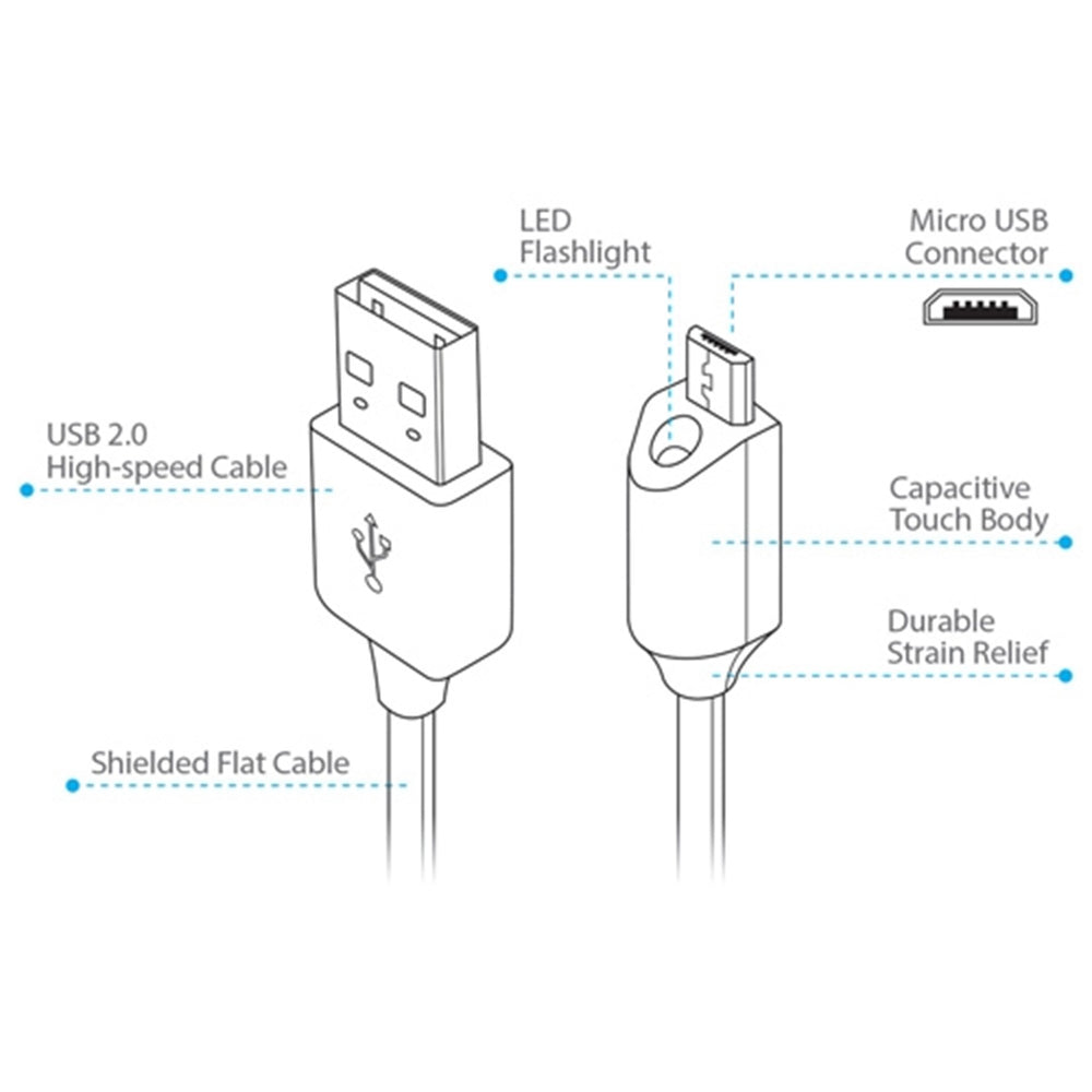 Naztech Micro-USB Ladekabel med Lys 1.8m - Sort
