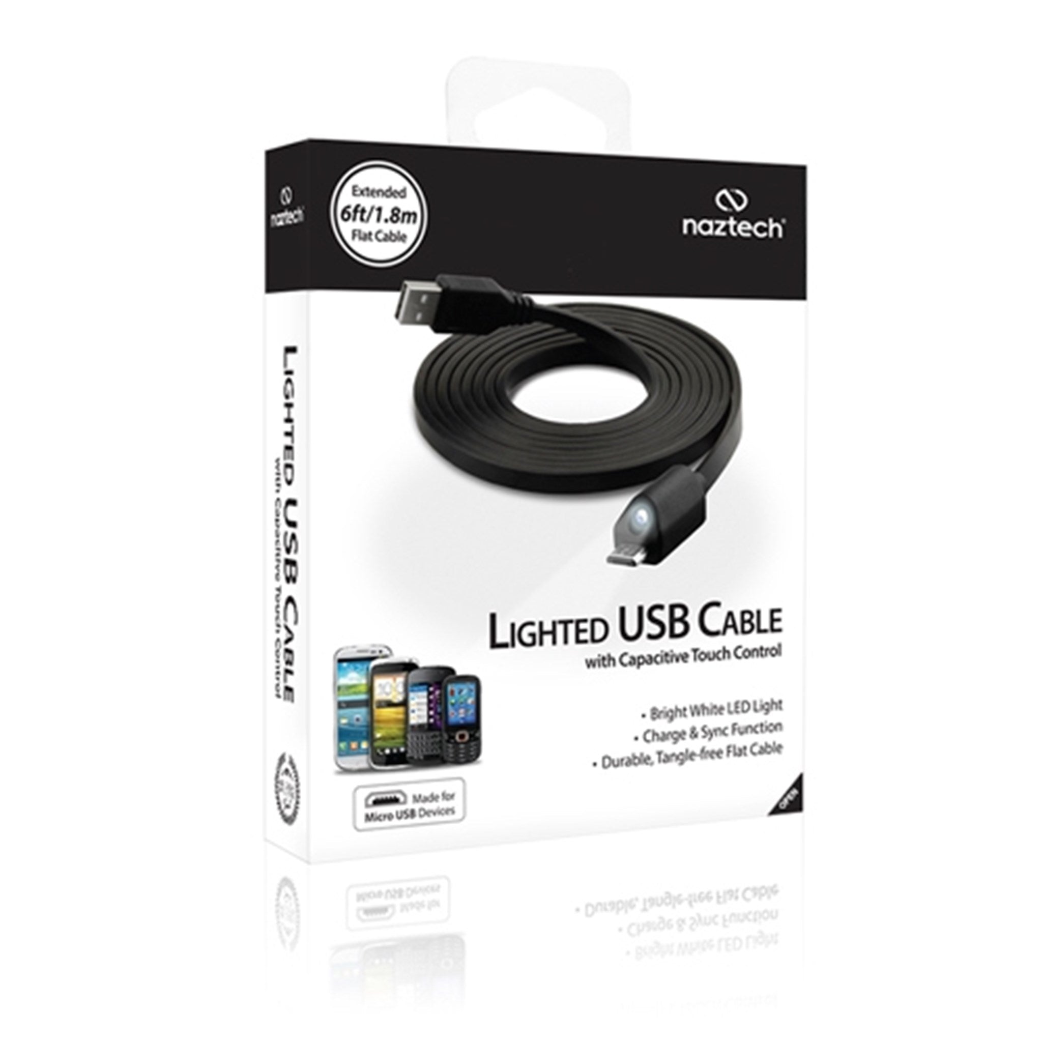 Naztech Micro-USB Ladekabel med Lys 1.8m - Sort